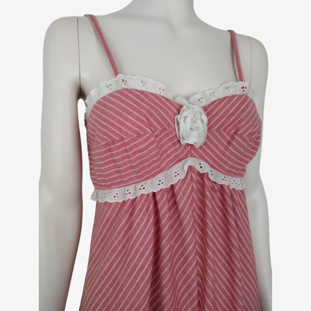 Vintage 1970s Jody T Pink Striped Empire Waist Ruffled Hem Midi Dress - Picture 5 of 11